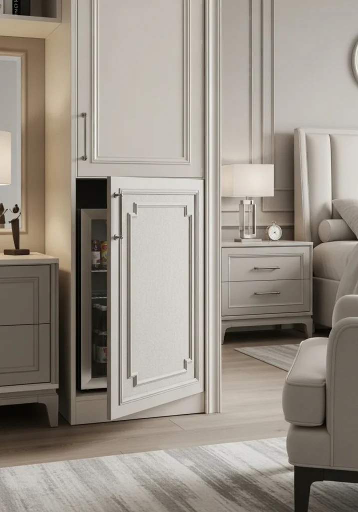 mini fridge covered with cabinet door bedroom decor idea