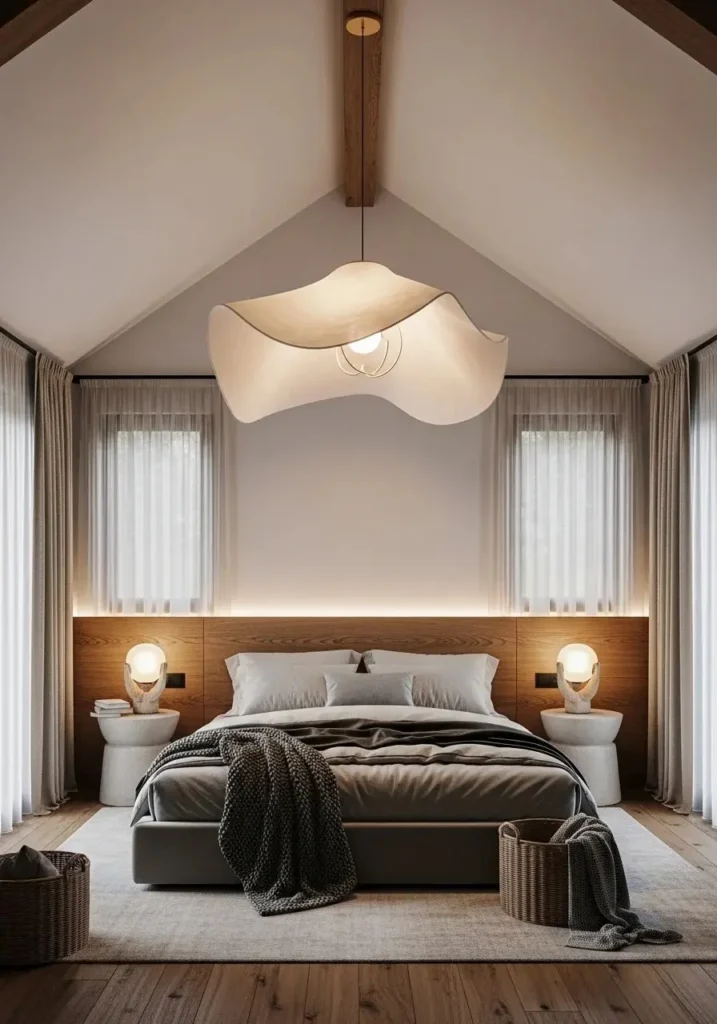 vaulted ceiling bedroom with statement pendant light