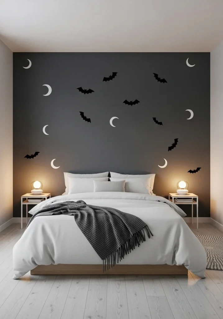 Halloween bedroom wall with black bat and moon decals over neutral bedding for a festive touch.