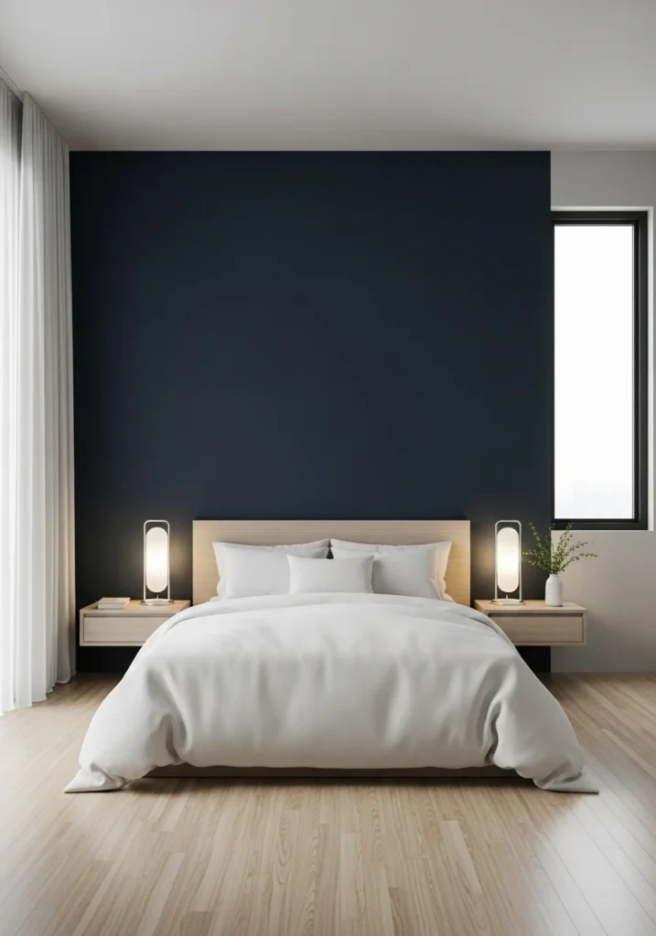 Navy blue and white bedroom with bold contrast and elegant modern design