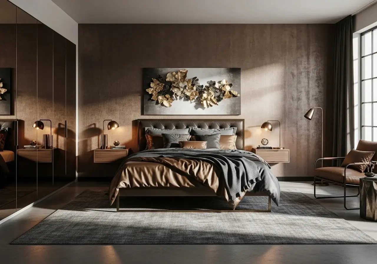 Full view of urban bronze bedroom look