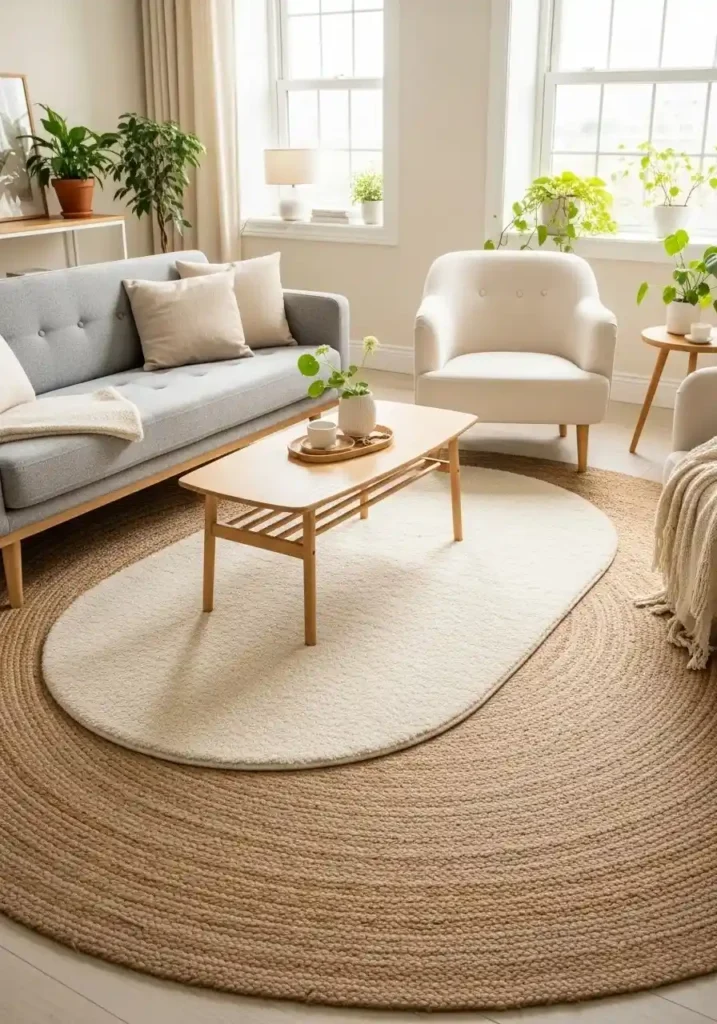Japandi living room with soft, layered rugs anchoring the seating area.
