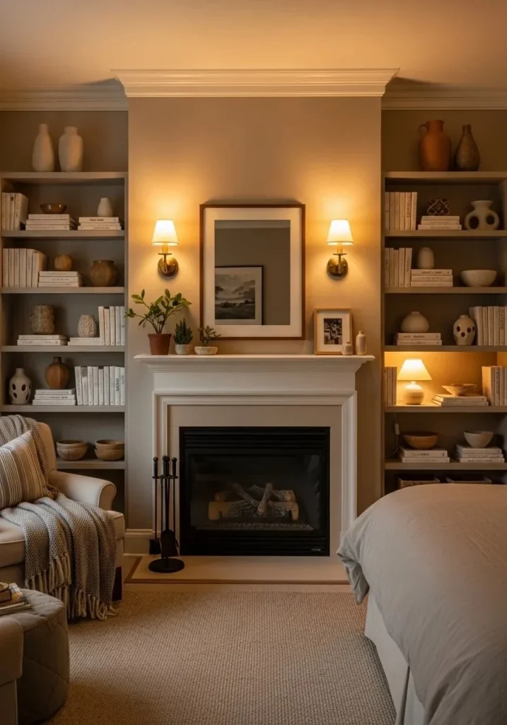 Built-in fireplace with shelves in cozy bedroom decor