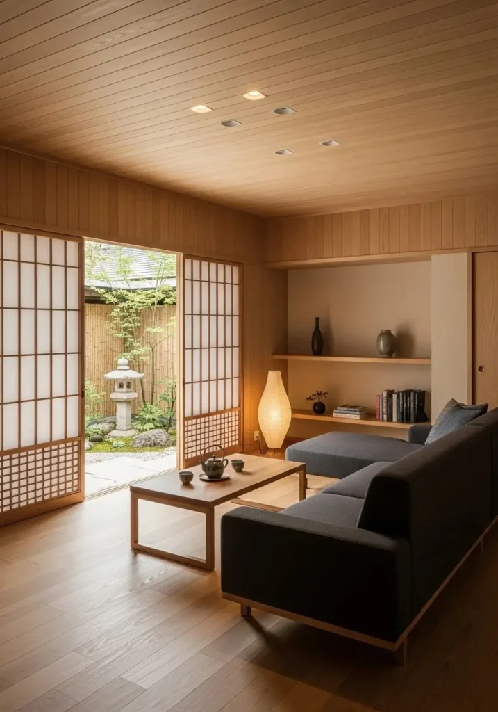 Sliding doors in a Japanese living room creating flexible and open space