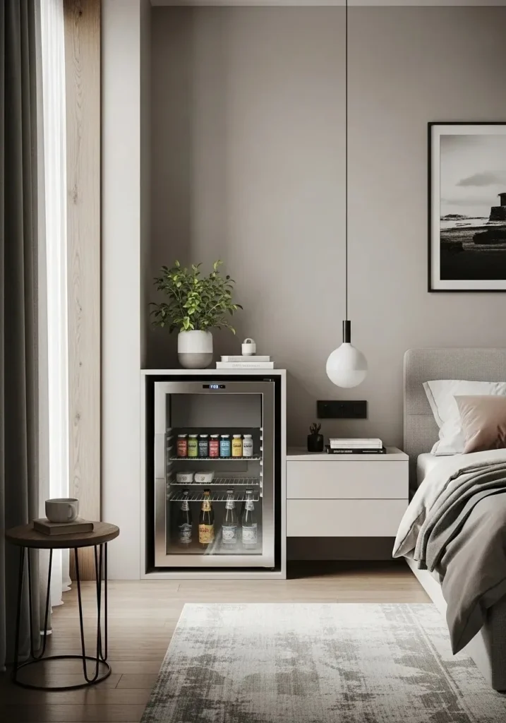 minimal mini fridge bedroom clean aesthetic setup