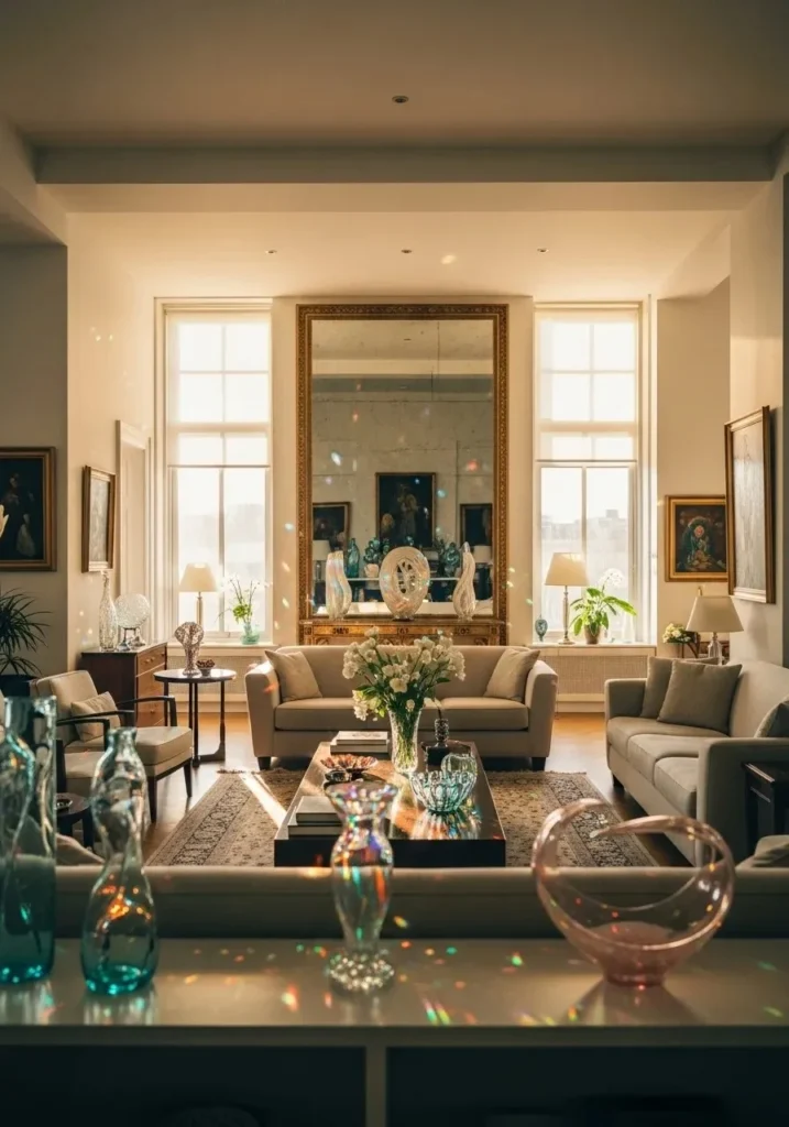 Beach living room with mirrors and glass decor reflecting light beautifully