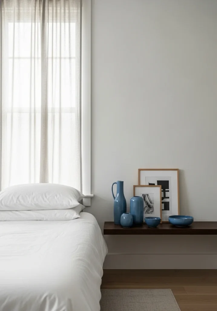French blue decor accents on a shelf adding cohesion and charm to the bedroom design