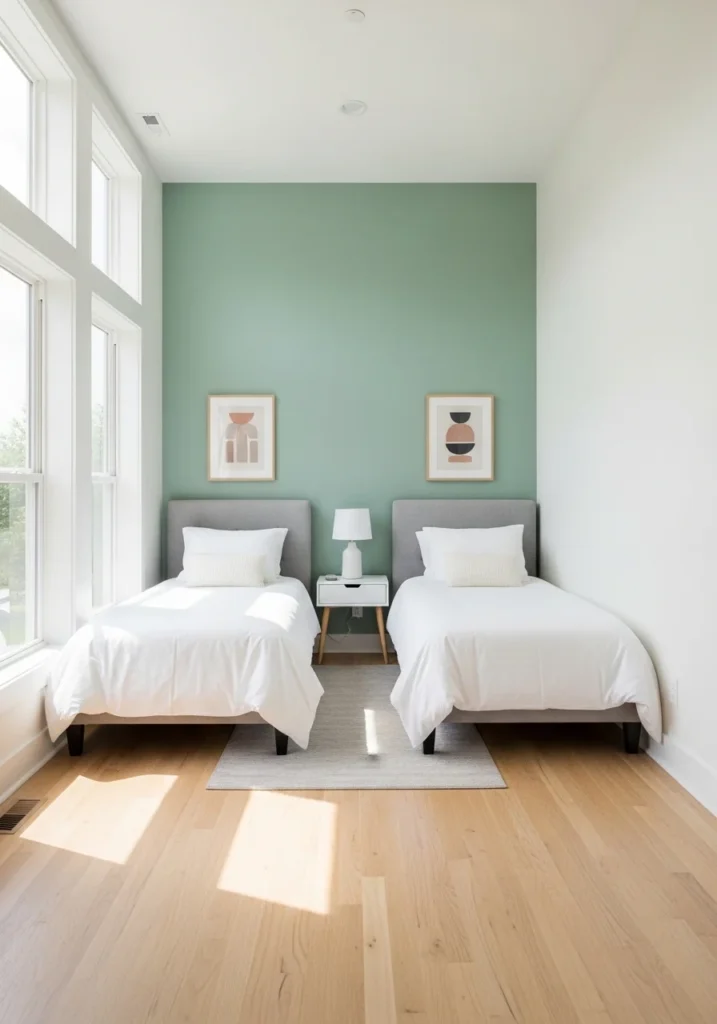 Twin beds with a soft colored accent wall creating depth in a guest bedroom.