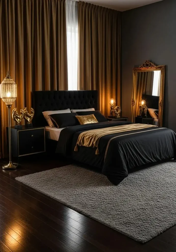 black furniture with gold accents luxury bedroom design