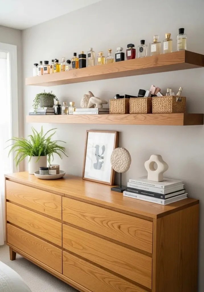 Long floating shelf above dresser for stylish storage and clutter-free bedroom look