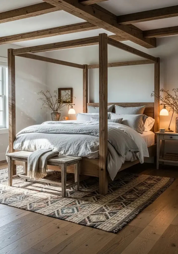 Rustic wooden canopy bed with linen bedding and a cozy woven rug in a farmhouse bedroom.