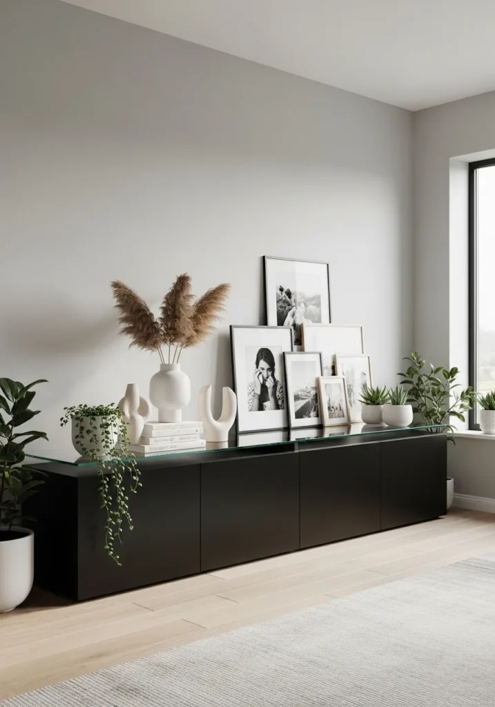 Black accent cabinet with minimal decor, balancing bold color with light, airy accents in living room