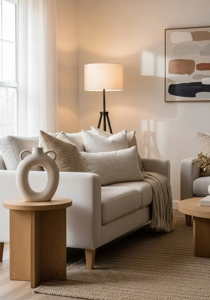 Japandi living room with subtle personal touches like handcrafted decor.