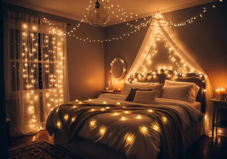 Full view of string lights bedroom look