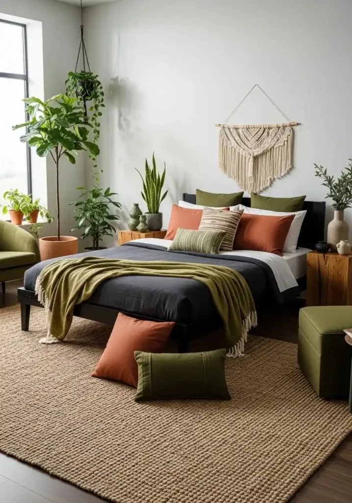 black furniture earthy color palette bedroom design