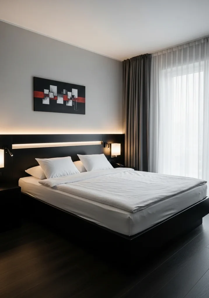 black furniture bedroom with gold accents, brass lamp, metallic decor, warm luxury feel