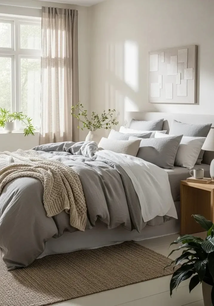 Linen bedding creating soft relaxed cozy bedroom look