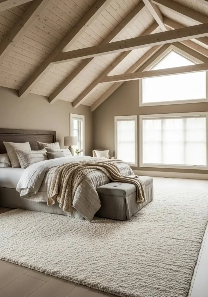 vaulted ceiling bedroom with cozy area rug
