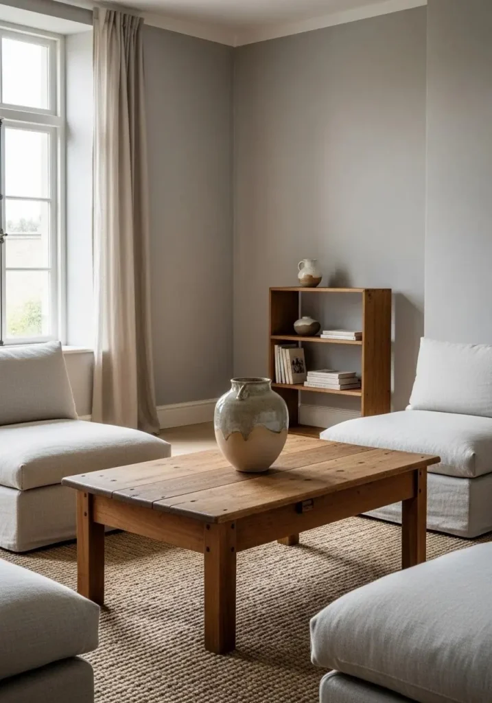 wabi sabi living room with imperfect decor like handmade pottery and aged wood