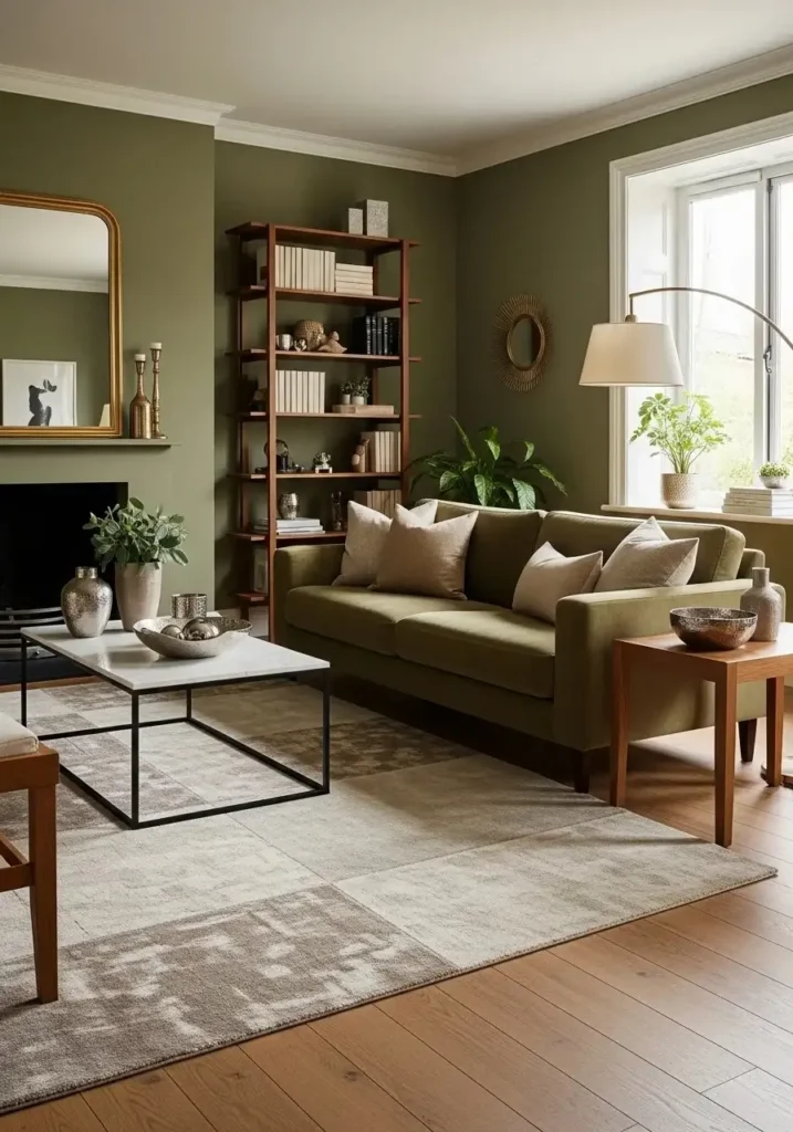 Olive green living room with warm neutral accents and wood furniture.