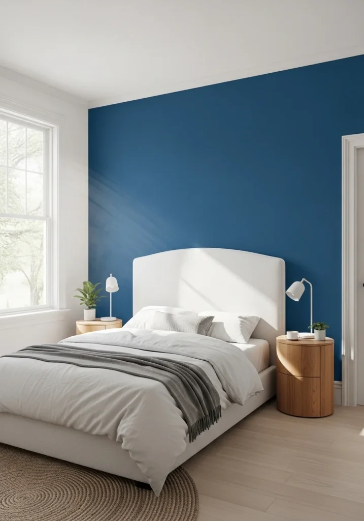 Bedroom featuring a french blue accent wall behind a white upholstered bed with natural light.