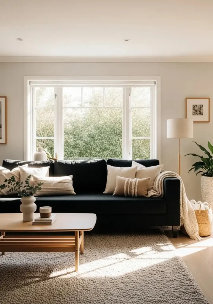 Black sofa in living room with cream and beige cushions, neutral rug, and wooden coffee table, creating a bold yet cozy focal point