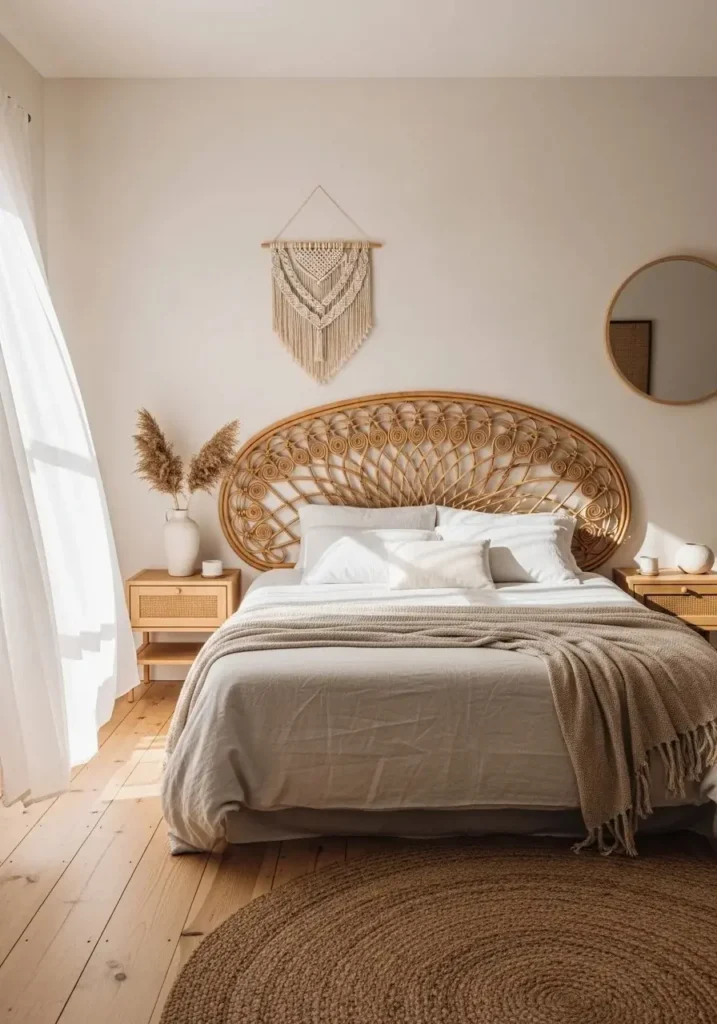 boho coastal bedroom with rattan headboard as a natural statement piece