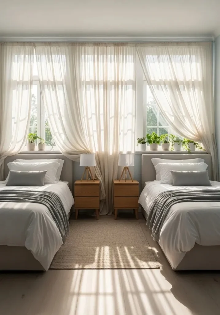 Light curtains in a twin bed guest room creating an airy and bright feel.