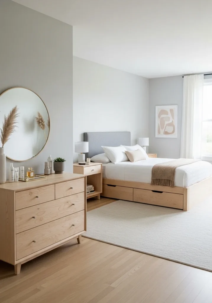 Minimalist bedroom with multi-functional furniture, clean lines, and practical yet elegant style.
