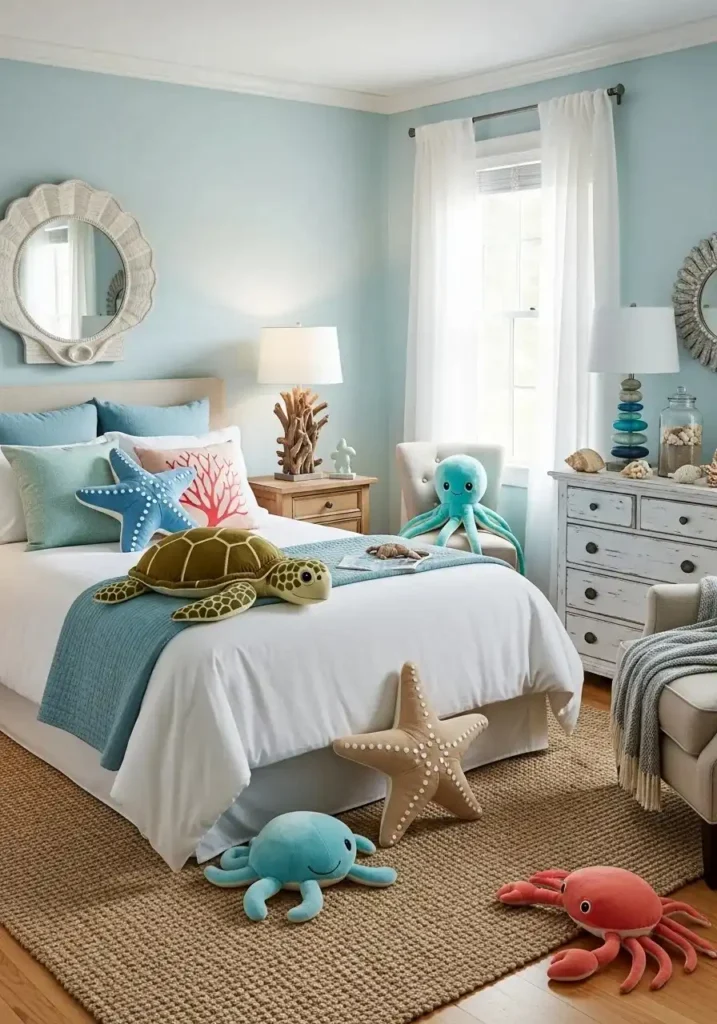 Coastal granddaughter bedroom decorated with playful beach-themed accessories and soft pastel tones