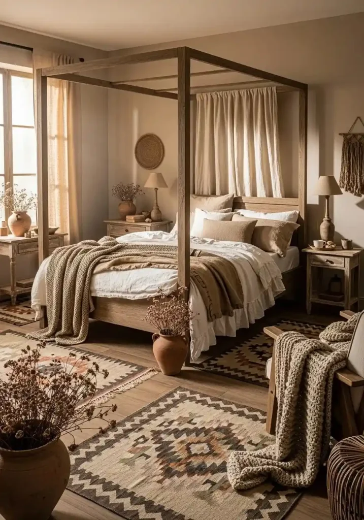 Rustic wooden canopy bed with natural fabrics and woven textures for a warm, inviting bedroom.