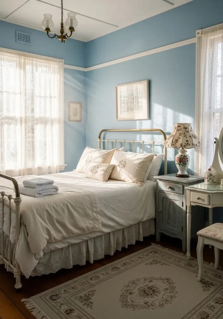 Vintage cottage bedroom with soft pastel blue walls, white trim, and floral bedding, brightened by sunlight through lace curtains