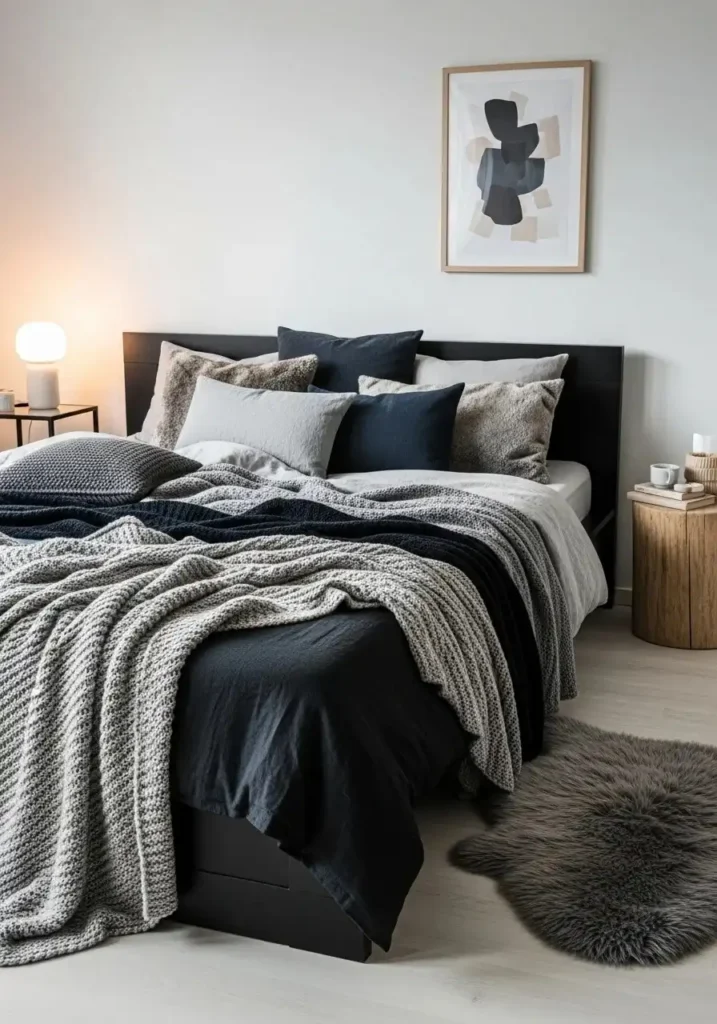 black furniture bedroom with cozy layered textiles idea