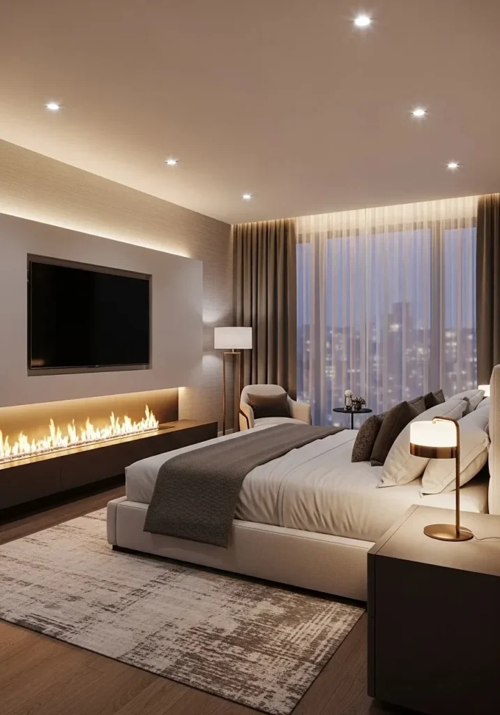 Modern linear fireplace in luxury bedroom design