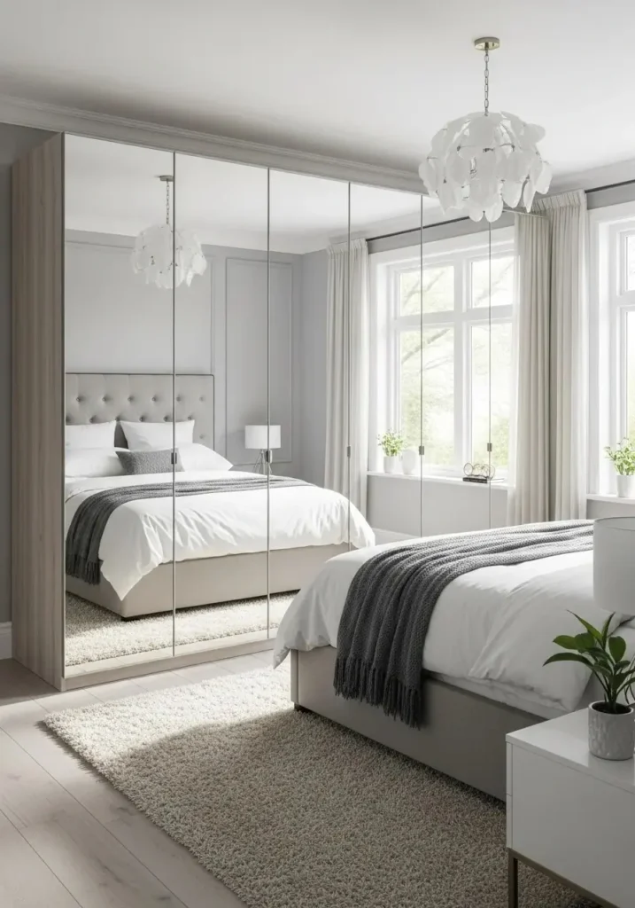 Mirror-finish wardrobe reflecting light and making the bedroom feel spacious