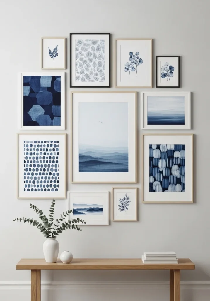 French blue artwork and framed prints decorating a serene bedroom wall.