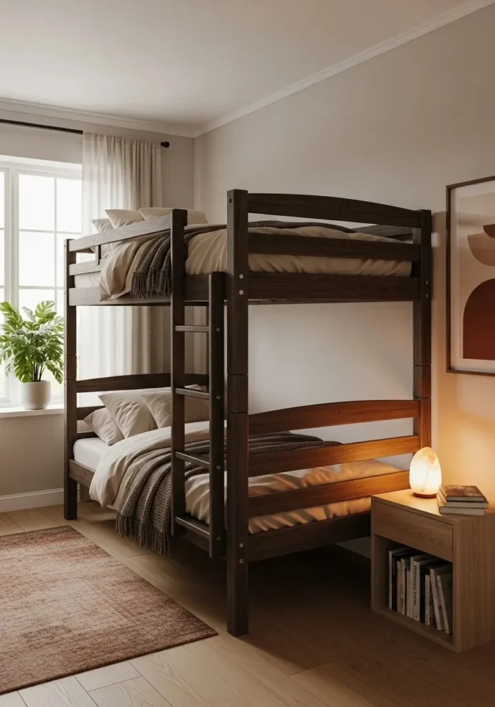 dark wood bunk bed creating a warm and cozy bedroom atmosphere