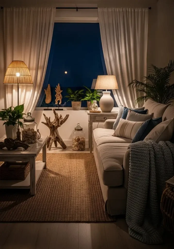 Beach living room with soft ambient lighting creating a warm evening glow