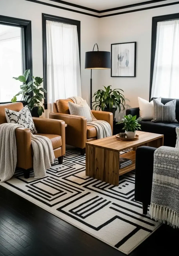 Modern black and white living room with warm accents and cozy textures.