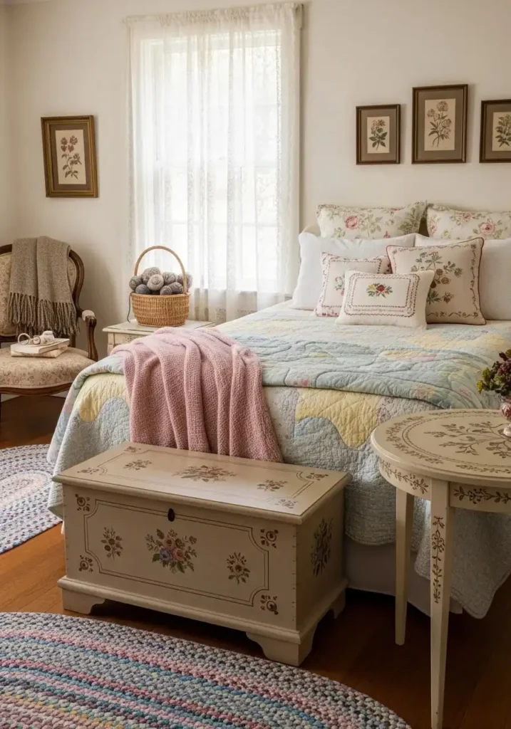 Vintage cottage bedroom with hand-painted chest and side table featuring floral designs.