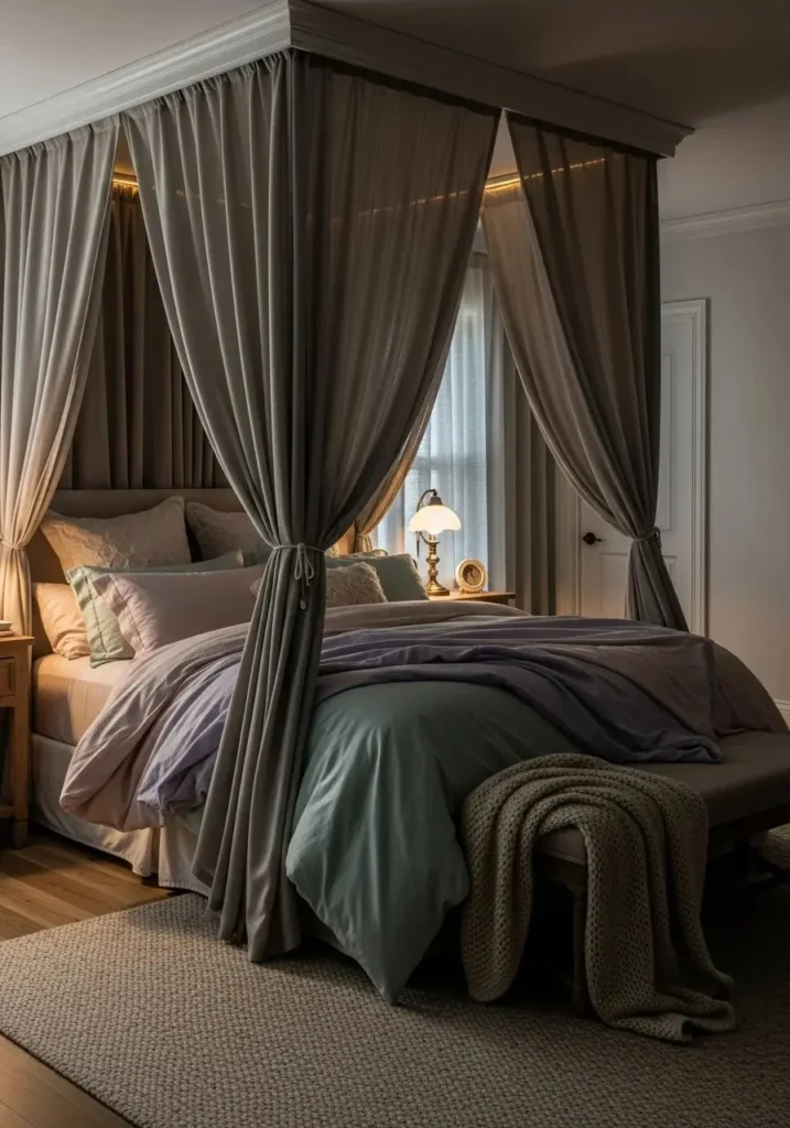 Canopy bed with soft curtains creating privacy and a cocoon-like atmosphere in a bedroom.