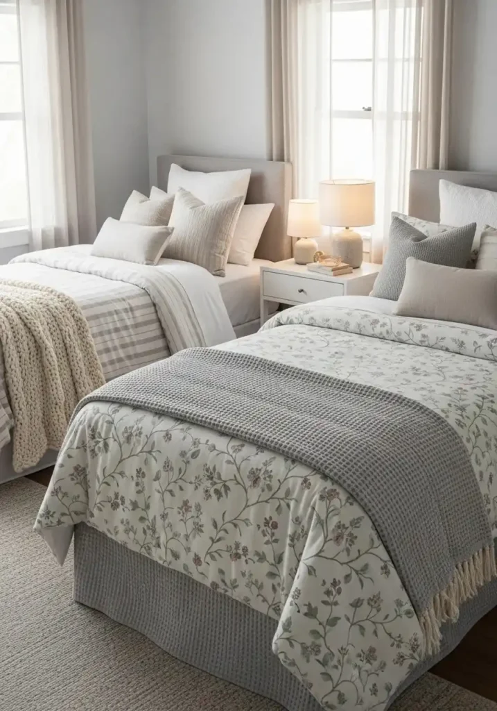Twin beds with soft patterned bedding adding visual interest without overwhelming the space