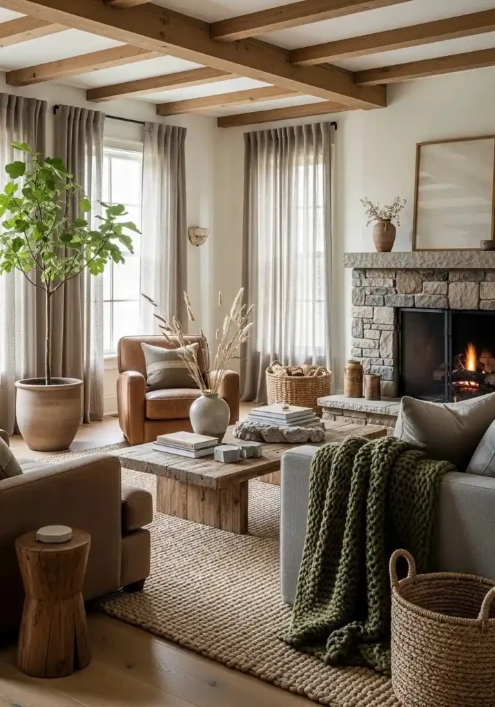 living room with muted earthy tones like olive green, beige, and soft brown