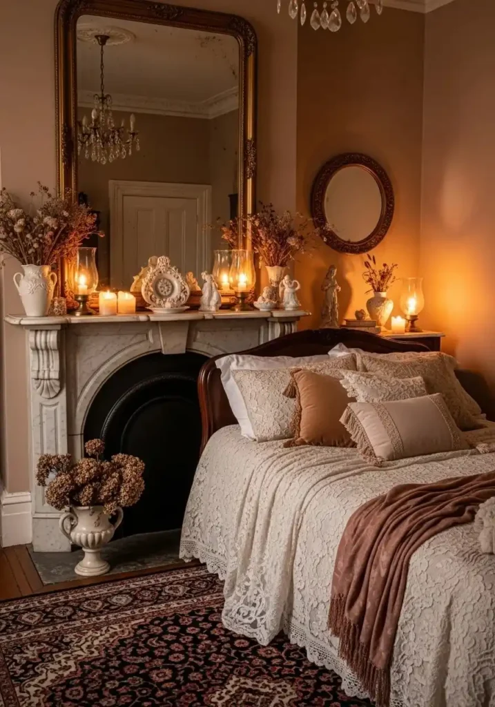 Vintage ornate fireplace in romantic bedroom decor