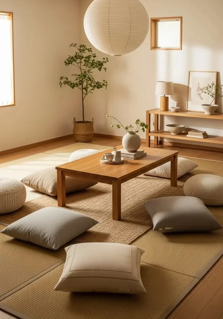 Tatami mat or natural fiber rug in a Japanese living room for warmth and texture