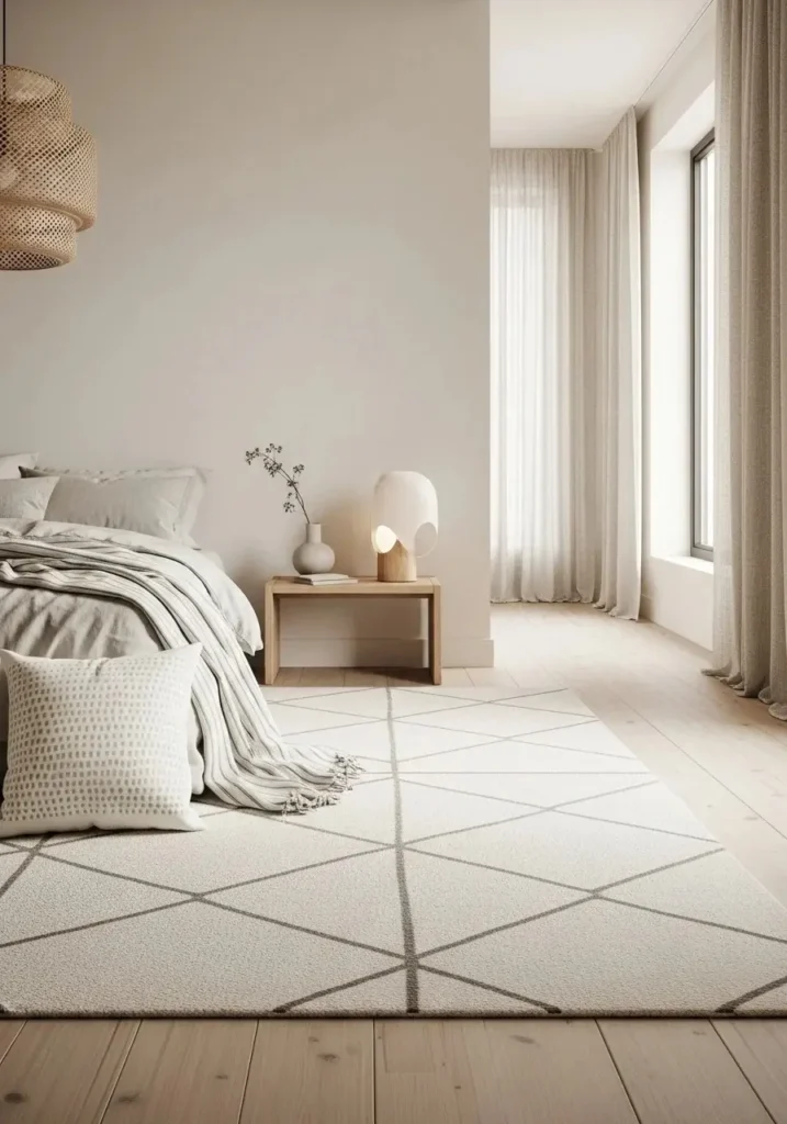 Japandi bedroom featuring subtle patterns in textiles to add visual interest.