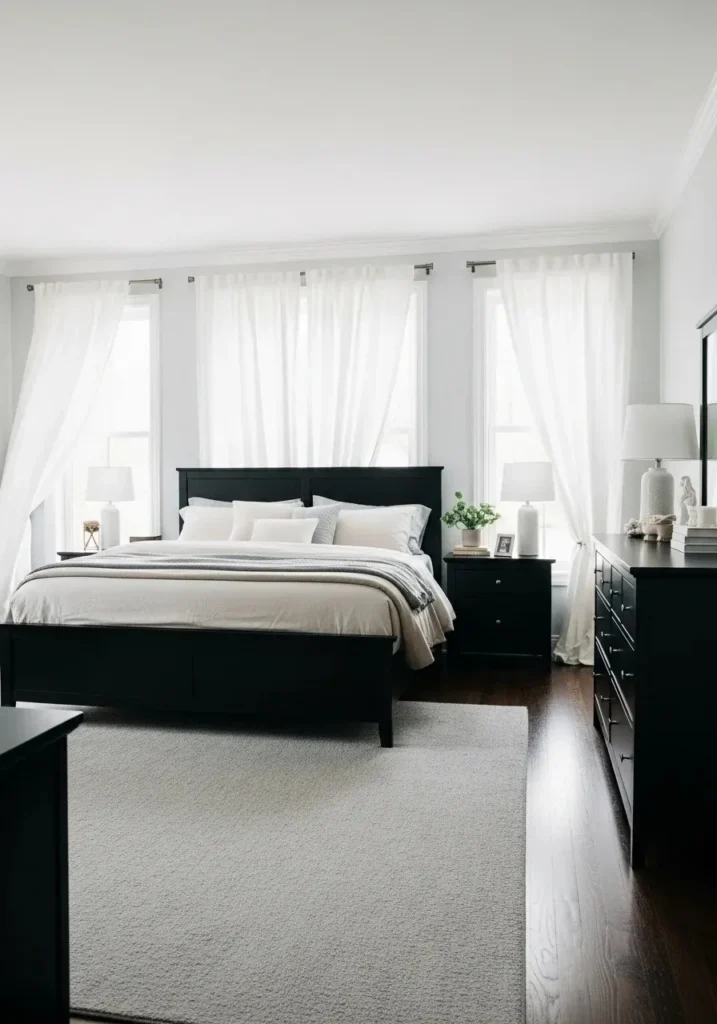 black furniture with light curtains airy bedroom design