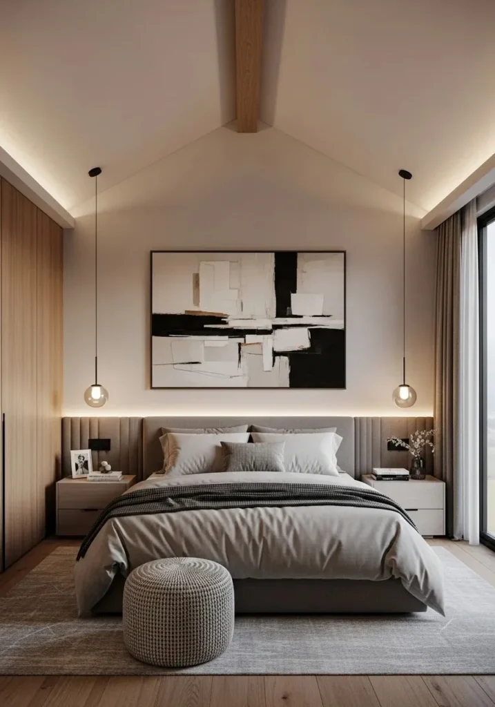 vaulted ceiling bedroom with large wall art focal point