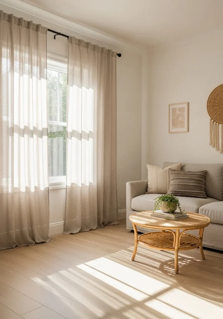 Japandi living room with neutral curtains softly filtering natural light.