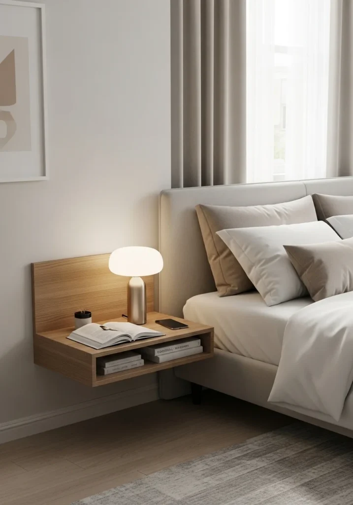 Floating shelf used as a nightstand for a modern space-saving bedroom setup